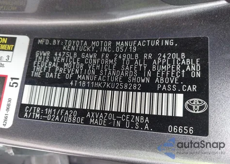 2019 Toyota Camry Le z USA, uszkodzony, nr VIN 4T1B11HK7KU258282